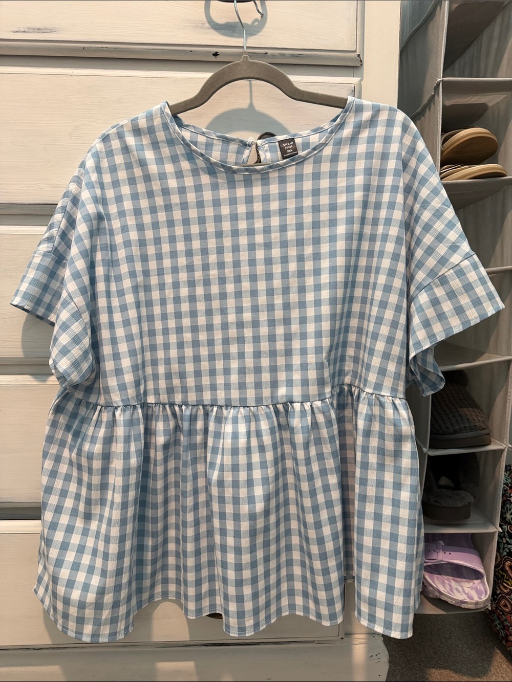 SHEIN Blue and White Gingham Peplum Blouse